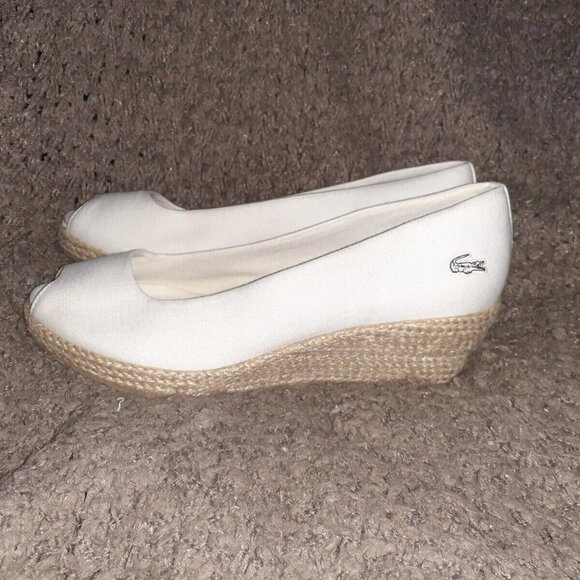 LACOSTE-Calavante-Cream Canvas-Wedge Espadrilles-Peep Toe-Sz 10-NWOB - Picture 2 of 7